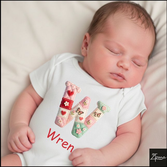 Quilted Patchwork Initial Letter W Nursery Baby Bodysuit (This is a sample design. There are several models to choose from, with the name and color changed.)