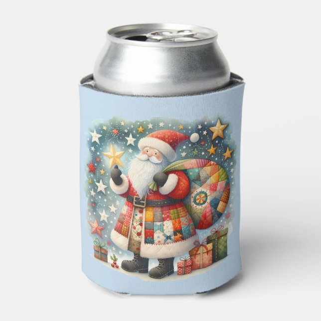 Quilted Patchwork Santa with Christmas Stars Can Cooler (Can Front)