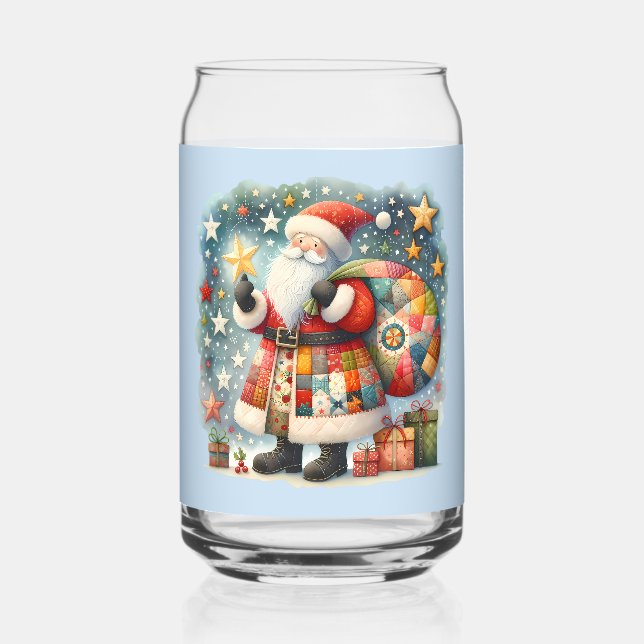 Quilted Patchwork Santa with Christmas Stars Can Glass (Front)