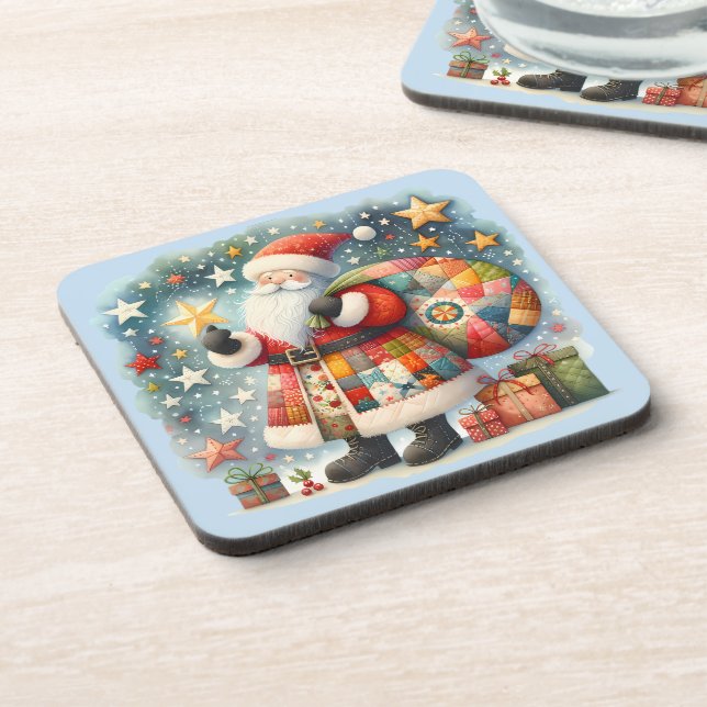Quilted Patchwork Santa with Christmas Stars Coaster (Left Side)