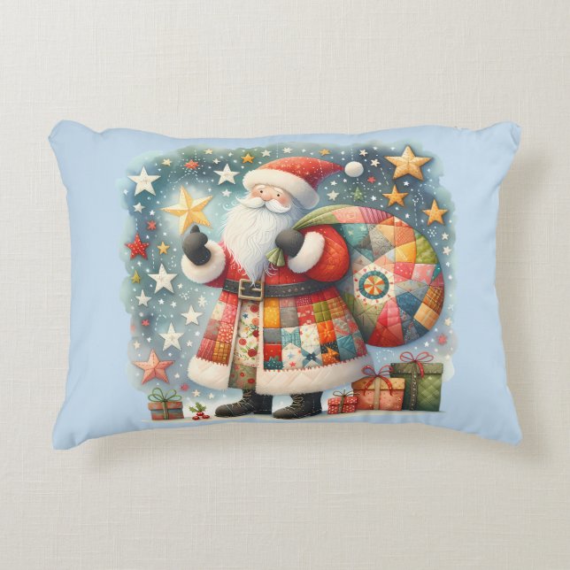 Quilted Patchwork Santa with Christmas Stars Decorative Cushion (Front)
