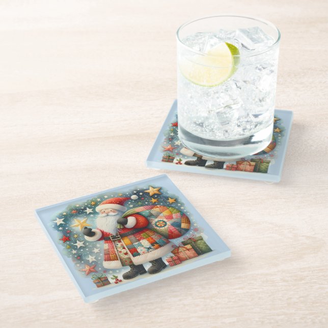 Quilted Patchwork Santa with Christmas Stars Glass Coaster (Angled)