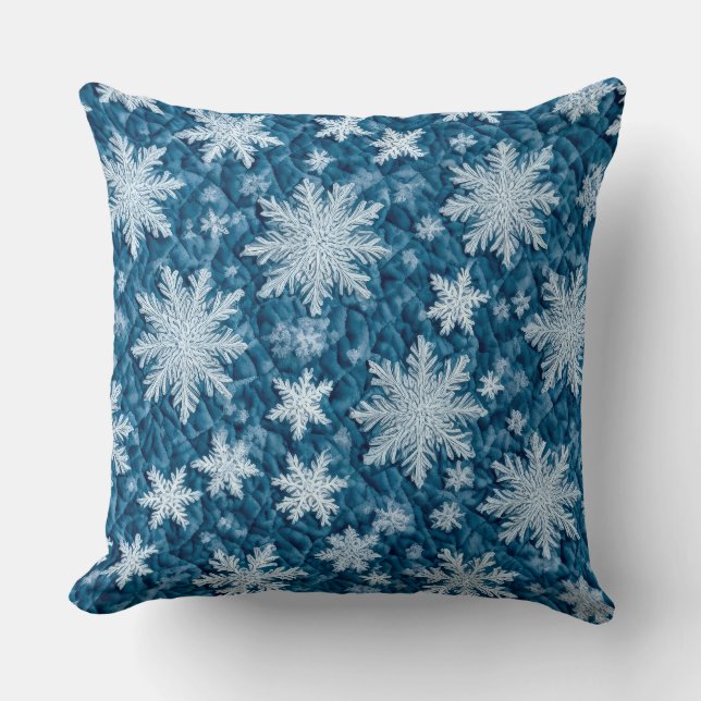 Quilted Pattern Blue and White Snowflakes Cushion (Front)
