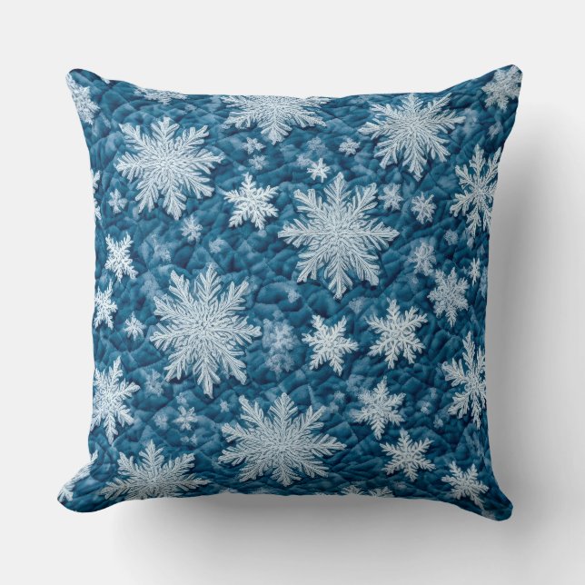 Quilted Pattern Blue and White Snowflakes Cushion (Front)