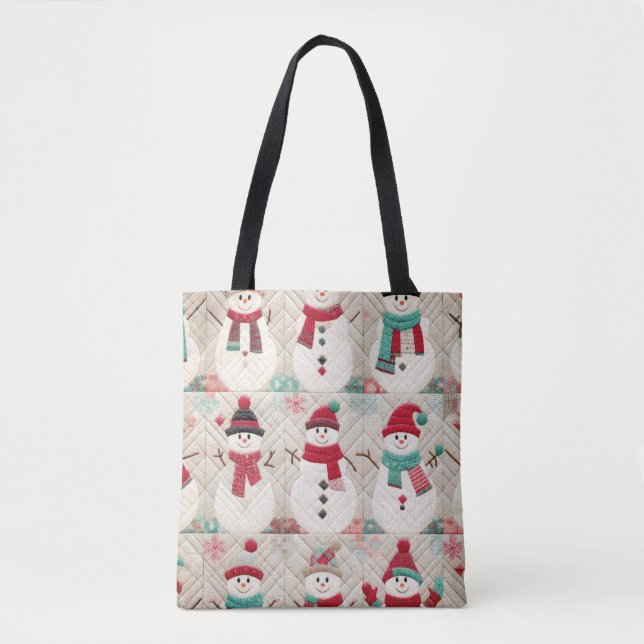 Quilted Pattern of Snowmen Tote Bag (Front)