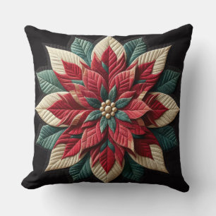Quilted Pattern Poinsettia Black Cushion