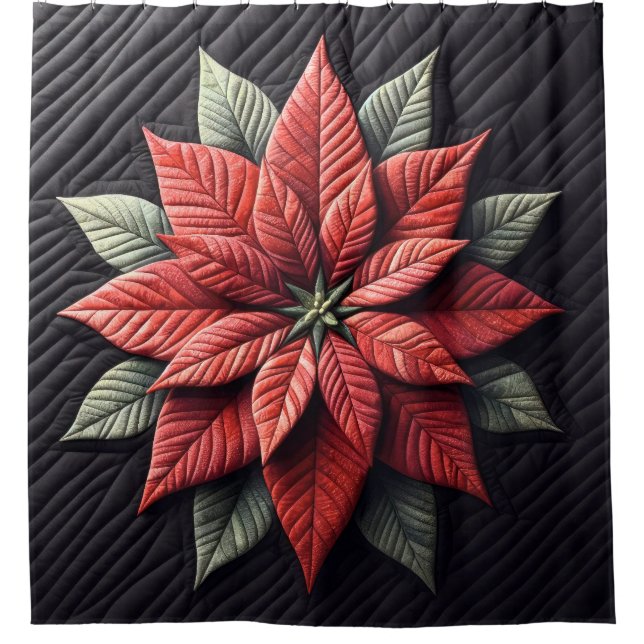 Quilted Pattern Poinsettia Black Shower Curtain (Front)