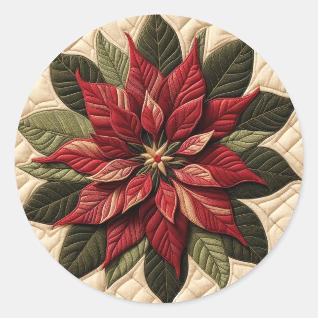 Quilted Pattern Poinsettia Cream Classic Round Sticker (Front)
