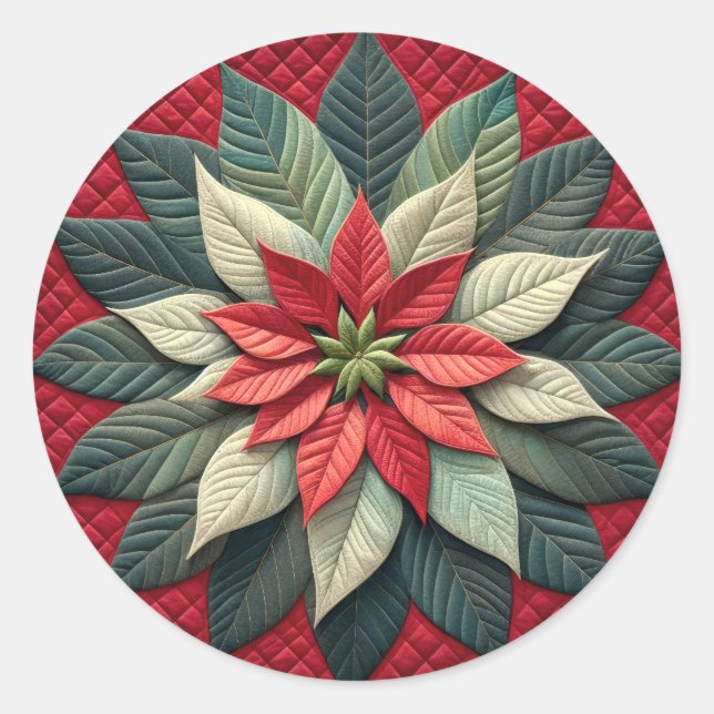 Quilted Pattern Poinsettia Red Classic Round Sticker (Front)