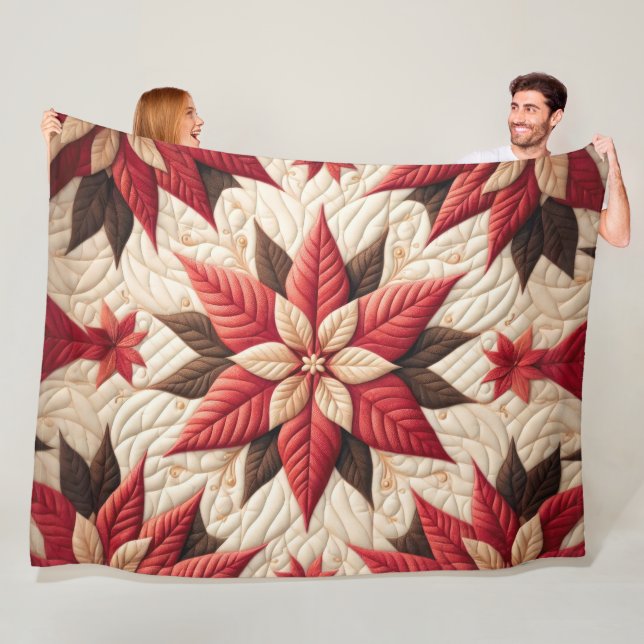Quilted Pattern Poinsettia Red Fleece Blanket (In Situ)