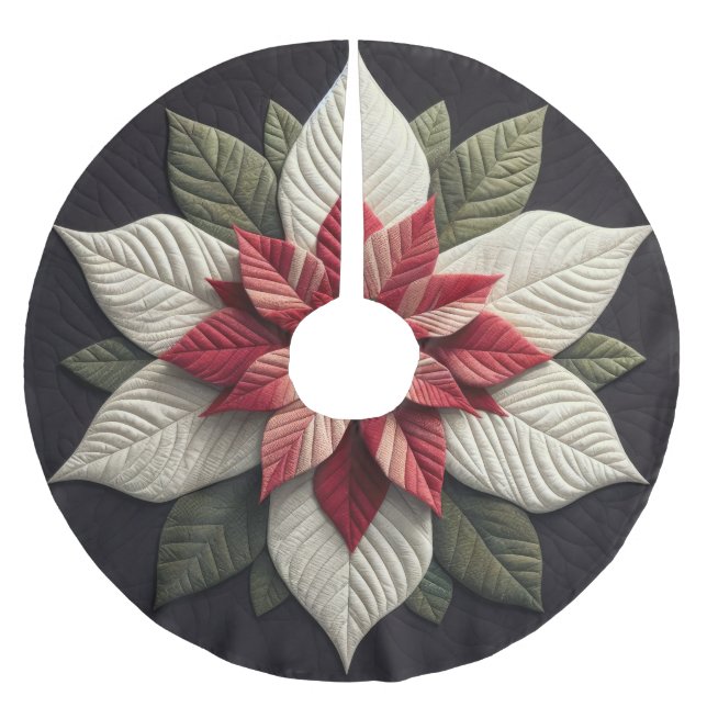 Quilted Pattern Poinsettia Red Green Black Brushed Polyester Tree Skirt (Front)