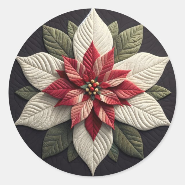 Quilted Pattern Poinsettia Red Green Black Classic Round Sticker (Front)