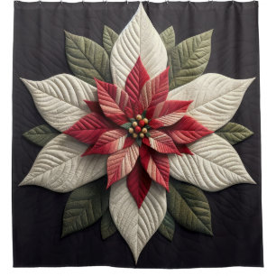 Quilted Pattern Poinsettia Red Green Black Shower Curtain