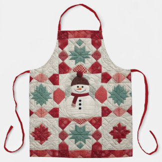 Quilted Pattern Snowman Red White Green Apron