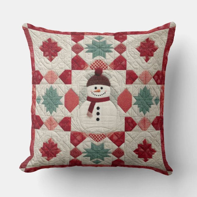 Quilted Pattern Snowman Red White Green Cushion (Front)