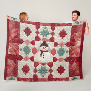 Quilted Pattern Snowman Red White Green Fleece Blanket