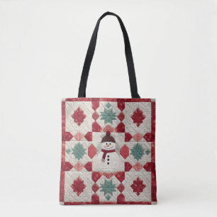 Quilted Pattern Snowman Red White Green Tote Bag