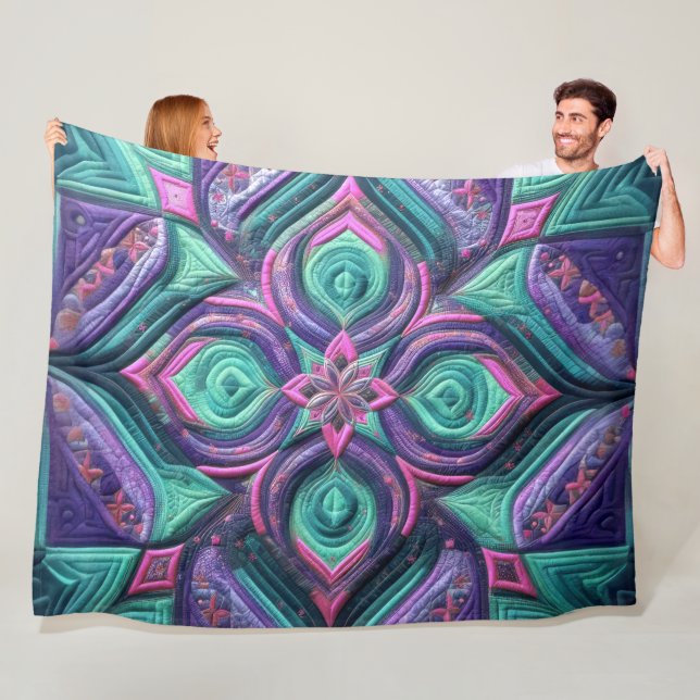 Quilted Pink Aqua Purple Abstract Design Fleece Blanket (In Situ)