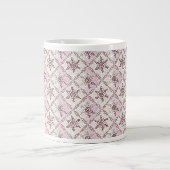 Quilted Pink Snowflake Pattern Winter Large Coffee Mug (Front)