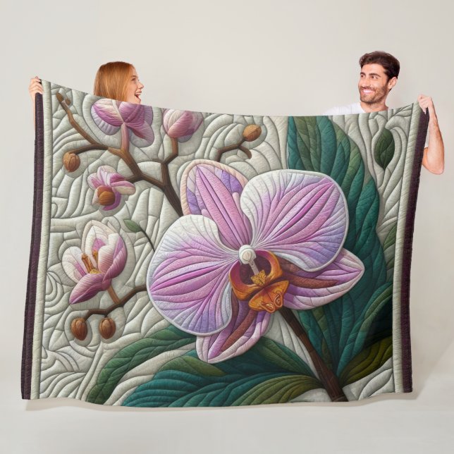 Quilted Purple Pink Orchid Design Fleece Blanket (In Situ)