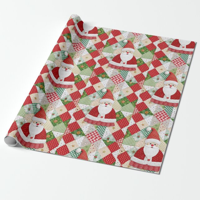 Quilted Santa Christmas Wrapping Paper (Unrolled)