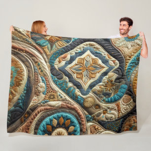 Quilted Teal Blue Gold Abstract Design Fleece Blanket