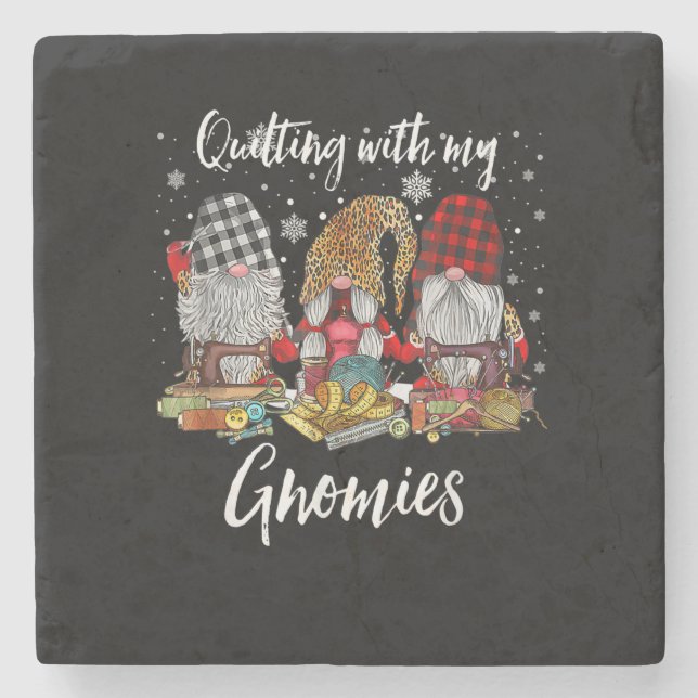 Quilting With My Gnomies Christmas Gnomes Holiday Stone Coaster (Front)