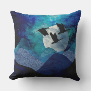 Quiltlike blue mountains, full moon & flying geese cushion