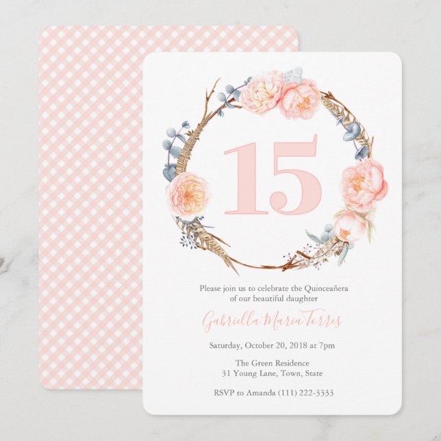 Quince 15th Birthday Party for Latina Girl, Floral Invitation (Front/Back)