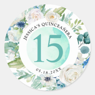 Quince,  Quinceañera, Aqua Envelope Seal/Favour Classic Round Sticker