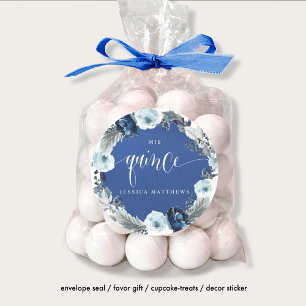 Quince, Spanish, Royal/Navy Blue Floral Wreath Classic Round Sticker