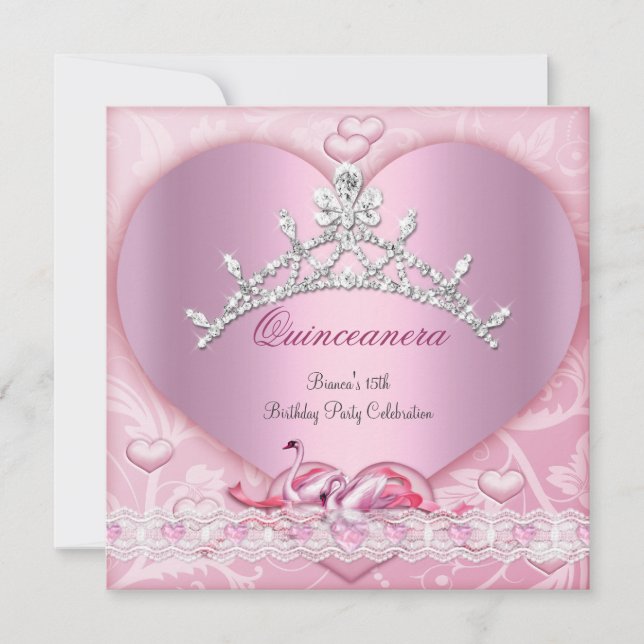 Quinceanera 15 15th White Pink Swans Tiara Heart Invitation (Front)