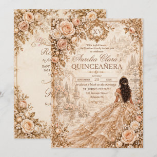 Quinceañera 15 Años Champagne Floral Vintage Gold Invitation