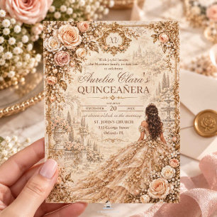Quinceañera 15 Años Champagne Floral Vintage Gold Invitation