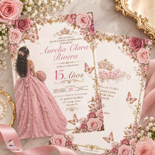 Quinceañera 15 Años Gold Pink Floral Princess Invitation