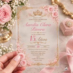 Quinceañera 15 Años Pink Floral Vintage Gold Acrylic Invitations