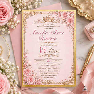 Quinceañera 15 Años Pink Floral Vintage Gold  Invitation