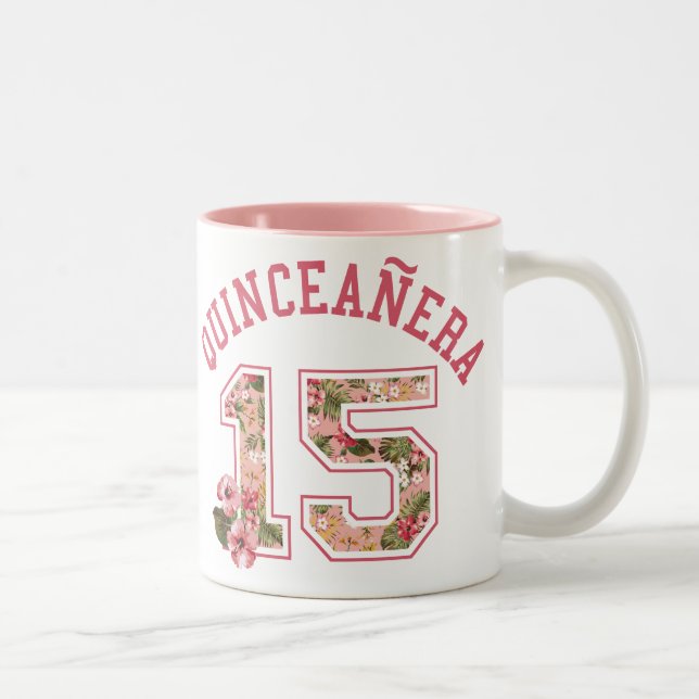 Quinceanera 15 Athletic Pink Floral Two-Tone Coffee Mug (Right)