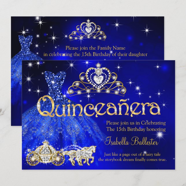 Quinceanera 15 Birthday Blue Dress Tiara Carriage Invitation (Front/Back)