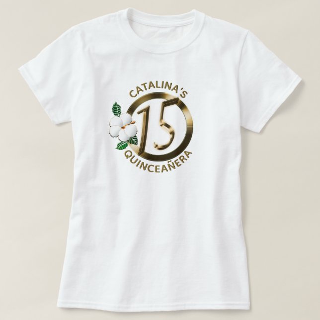 Quinceanera 15 Birthday Gold Faux Metallic Floral T-Shirt (Design Front)