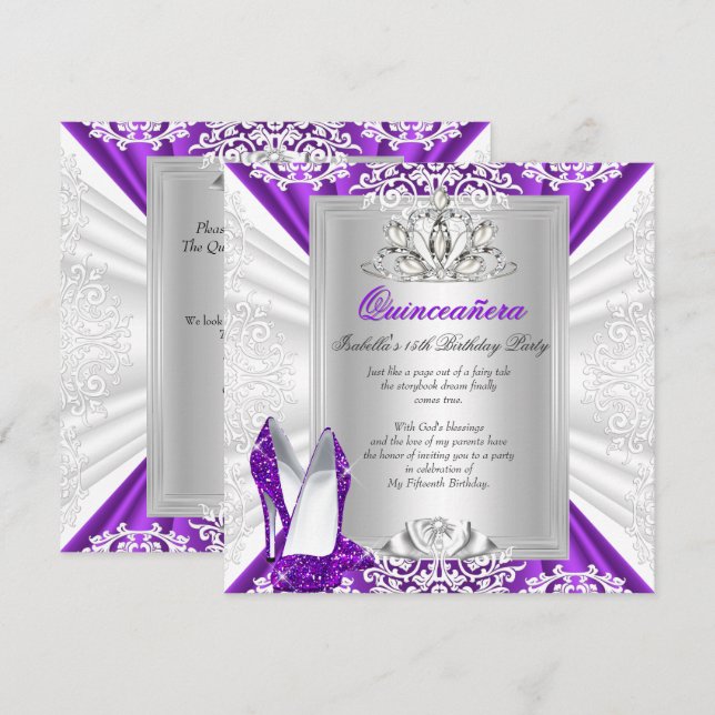 Quinceanera 15 Birthday Party Glitter Purple Heels Invitation (Front/Back)