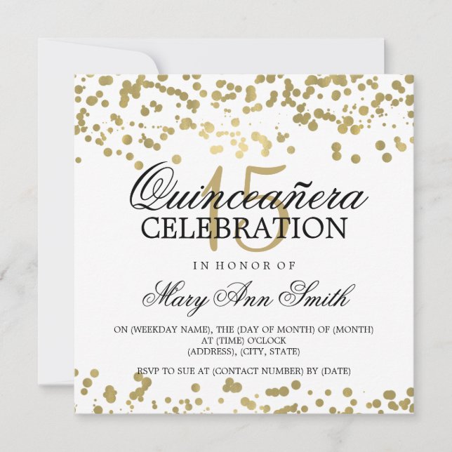Quinceanera 15 Birthday Party Gold Foil Confetti Invitation (Front)