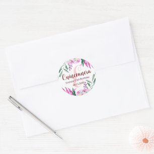 Quinceanera 15 birthday party mailing pink floral  classic round sticker