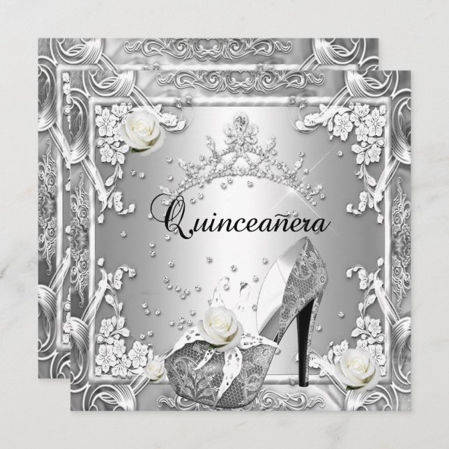 Quinceanera 15 Birthday Party Silver Invitation (Front/Back)