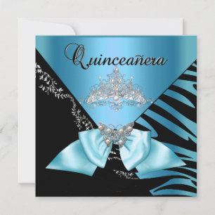 Quinceanera 15  Birthday Zebra Blue Black Tiara Invitation