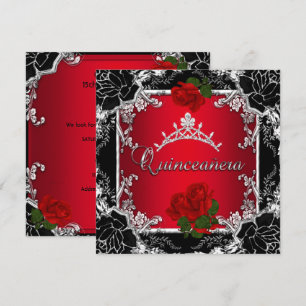 Quinceañera 15 Black Silver Tiara Red Rose Floral Invitation