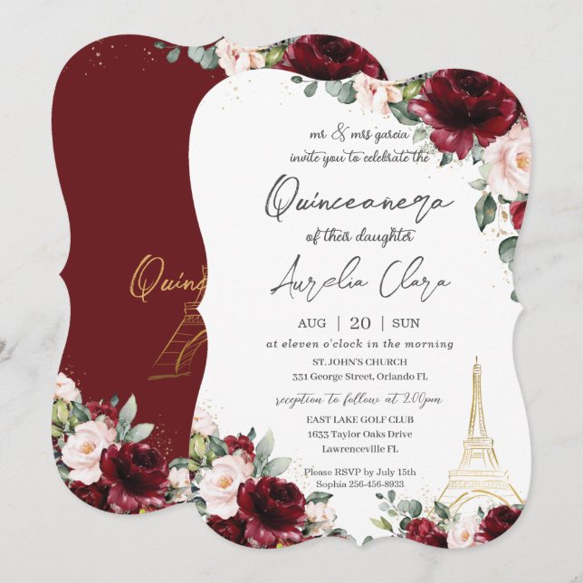 Quinceañera 15 Burgundy Blush Floral Eiffel Paris  Invitation (Front/Back)