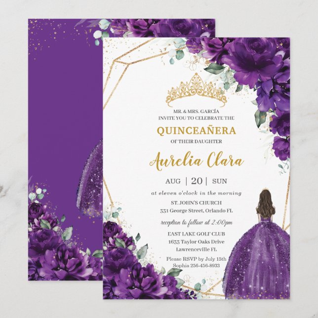 Quinceañera 15 Dark Royal Purple Dress Gold Floral Invitation (Front/Back)