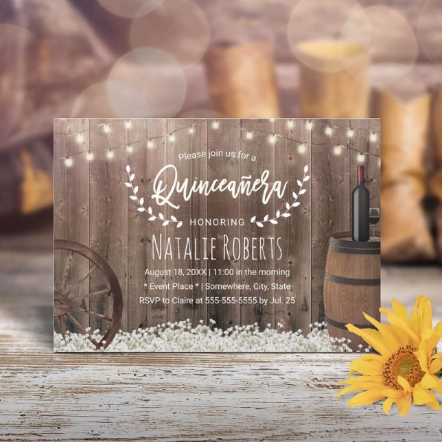 Quinceanera 15 Rustic Flowers Wine Barrel Birthday Invitation (Creator Uploaded)