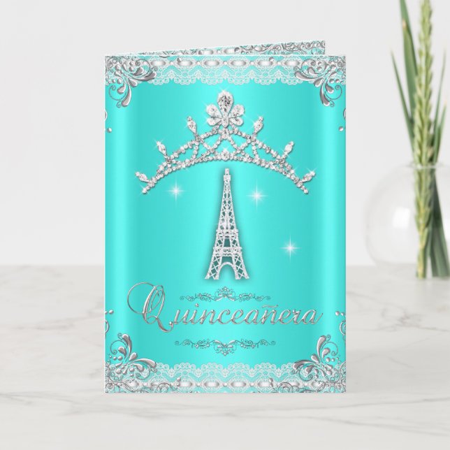 Quinceanera 15 Teal Blue Silver Tiara Eiffel Tower Invitation (Front)